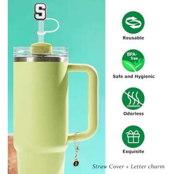 （3 +3) 3PCS Nuozme Straw Cover 10mm For Stanley Tumbler Cup Reusable Straw Cap Topper with 3 Initial Letter Charms Accessories Name ID Personalized Handle Charm For Stanley 30&40 Oz Cup Tumbler