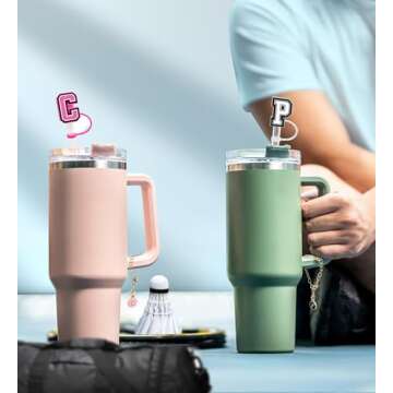 （3 +3) 3PCS Nuozme Straw Cover 10mm For Stanley Tumbler Cup Reusable Straw Cap Topper with 3 Initial Letter Charms Accessories Name ID Personalized Handle Charm For Stanley 30&40 Oz Cup Tumbler