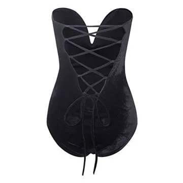 Clothink Women Strapless Velvet Bodysuit Back Lace Up Jumpsuit,Sexy Bodysuit Top Playboy Bunny Halloween Costume Black m