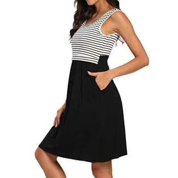 AMPOSH Women's Nursing Dress Striped Maternity Tank Dress Breastfeeding Clothes with Pockets(White Black Stripe, L)