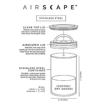 Planetary Design Airscape Stainless Steel Coffee Canister | Food Storage Container | Patented Airtight Lid | Push Out Excess Air Preserve Food Freshness (Small, Matte White)
