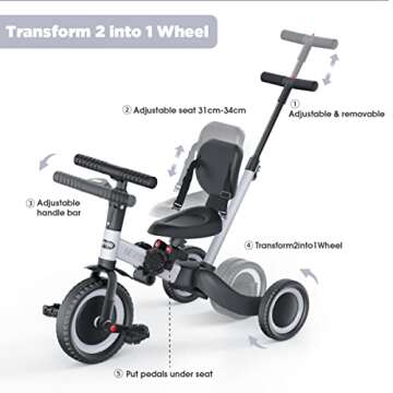 newyoo Tricycle for Toddlers 1-3, Toddler Bike, Birthday for Boys, Baby Trike with Push Handle, Backrest & Safety Belt, Transform to Balance Bike, TR007, Grey
