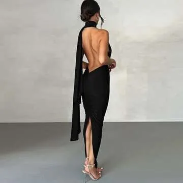 ABYOVRT Women Sexy Backless Dress Bodycon Sleeveless Open Back Maxi Dress Going Out Elegant Party Cocktail Long Dress (C-Black, S)