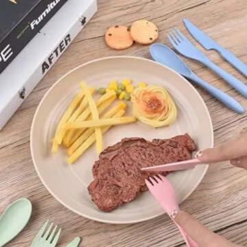 Knives Spoons and Forks Set, Wheat Straw Cutlery Set, Reusable Flatware Set for 8, Utensils for Party, Travel, Work, Picnic, Camping or Daily Use