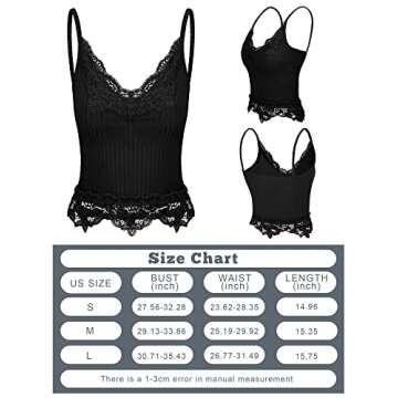Bencailor 3 Pcs Women's Lace Tank Tops Y2k Camisole Lace Patchwork Crop Tops Grunge Style Ribbed Knitted Clothing(M,White, Gray, Black)