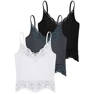 Bencailor 3 Pcs Women's Lace Tank Tops Y2k Camisole Lace Patchwork Crop Tops Grunge Style Ribbed Knitted Clothing(M,White, Gray, Black)