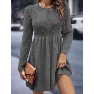 Lauweion Women's Bodycon Knee Length Skater Sweater Dress Long Sleeve Crewneck Empire Waist Swing Babydoll Dresses Dark Grey