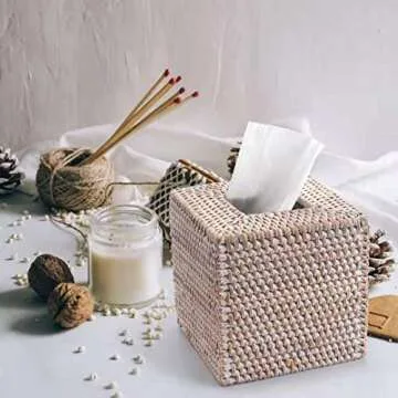 Rattan Tissue Box Cover Square, Hand Woven Wicker Tissue Holder, 5.5 x 5.5 X 5.7 inch, Whitewash