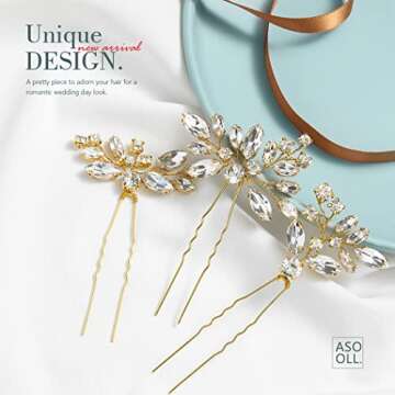 Asooll Rhinestone Bride Wedding Hair Pin Crystal Bridal Hair Clip Crystals Headpiece Hair Accessories for Women and Girls(Pack of 3)