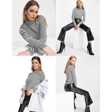 PrinStory Womens Long Sleeve Shirts Mock Turtleneck Slim Fit Tops 2024