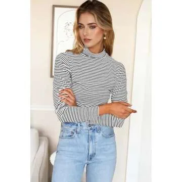 PrinStory Womens Long Sleeve Mock Turtleneck Tee Tops 2024