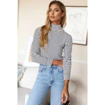 PrinStory Womens Long Sleeve Mock Turtleneck Tee Tops 2024
