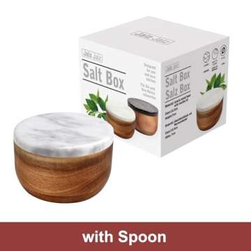 jalz jalz Large Wood Salt Box Salt cellar with Spoon Spice Salt Container salt holder Solid Natural Acacia Base White Grey Marble Lid Decorative Box Bowl Big Capacity Salt Cellar Spice Cellar
