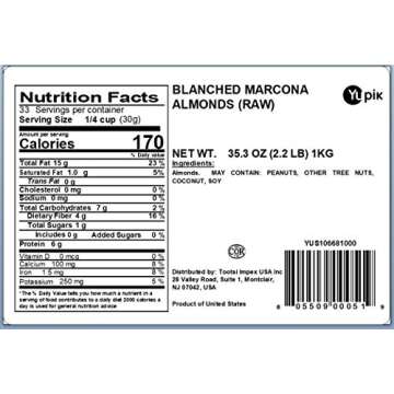 Yupik Blanched Marcona Almonds, 2.2 lb, Gluten-Free, Vegan, Kosher, Oil-Free, Raw Nuts, Unsalted, Skinless, Oil-Free, Source of Fiber, Healthy Snack
