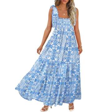 Women's Summer Maxi Dress Boho Spaghetti Straps Casual Long A-line Smocked Beach Dress Square Neck Flowy Sun Dresses