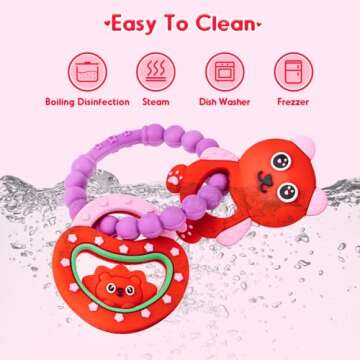 NPET Baby Valentines Teething Toy, Cute Bear & Red Heart Teeting Ring Infant Baby Teething, Sore Gums Relief Infant Toys Valentines Birthday Chocking-Prove Design Baby Teething Chew Toys Bpa-Free