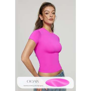 OEAK Womens T-Shirts Short Sleeve Shirts Crew Neck Basic Tees Soft Smoothing Seamless Tshirts Slim Fit Going Out Trendy Tops Deep XS Hot