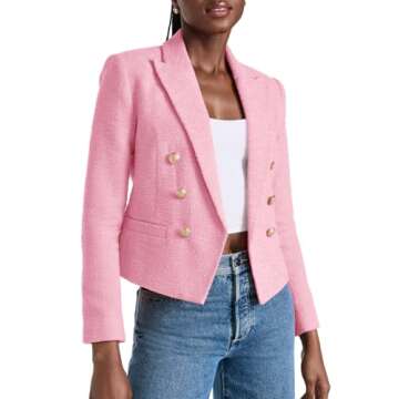 Cicy Bell Women Double Breasted Cropped Tweed Blazer Jackets Lapel Open Front Long Sleeve Business Suit Jackets with Pocket Pink