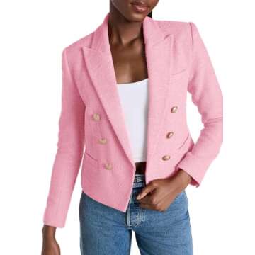 Cicy Bell Women Double Breasted Cropped Tweed Blazer Jackets Lapel Open Front Long Sleeve Business Suit Jackets with Pocket Pink