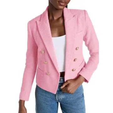 Cicy Bell Women Double Breasted Cropped Tweed Blazer Jackets Lapel Open Front Long Sleeve Business Suit Jackets with Pocket Pink
