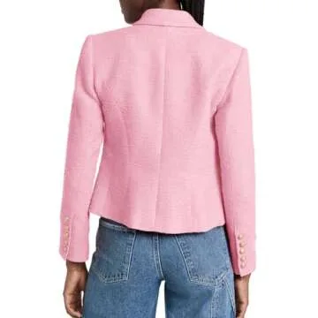 Cicy Bell Women Double Breasted Cropped Tweed Blazer Jackets Lapel Open Front Long Sleeve Business Suit Jackets with Pocket Pink