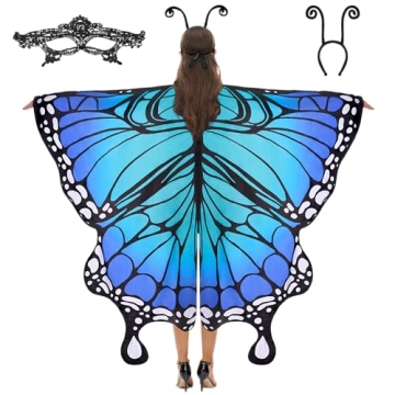 Spooktacular Adult Butterfly Costume with Blue Wing Cape & Lace Mask