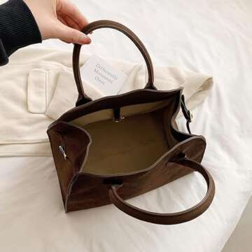 Suede Tote Bag for Women, Women's Suede Purse Vintage Top Handle Bag, Fashion Retro Shoulder Satchel Work Leather Bag (Coffee Leather Small)