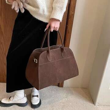 Suede Tote Bag for Women, Women's Suede Purse Vintage Top Handle Bag, Fashion Retro Shoulder Satchel Work Leather Bag (Coffee Leather Small)