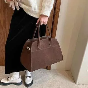 Suede Tote Bag for Women, Women's Suede Purse Vintage Top Handle Bag, Fashion Retro Shoulder Satchel Work Leather Bag (Coffee Leather Small)
