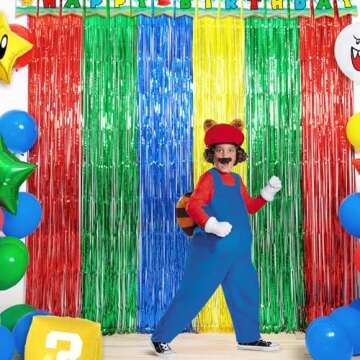 Super Bros Birthday Party Decoration, 2 Pack Red Green Blue Yellow 3.3 x 6.6ft Foil Fringe Curtains ...