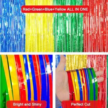 Super Bros Birthday Party Decoration, 2 Pack Red Green Blue Yellow 3.3 x 6.6ft Foil Fringe Curtains Tinsel Photo Booth Props Streamers Backdrop for Video Game Mario Theme Birthday Party Supplies