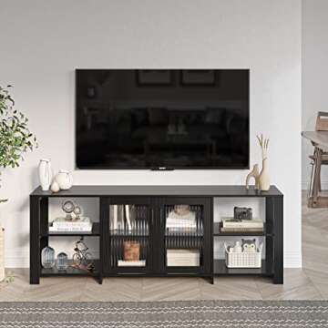 Panana TV Stand for 70 inch TV, Entertainment Center TV Console Table TV Storage Cabinets Media Console with 2 Doors and Open Shelves, 4 Cubby for Living Room Bedroom, Black