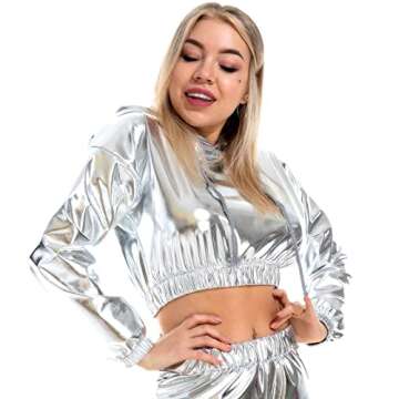 OBEEII Womens Shiny Metallic Long Sleeve Crop Top - Stylish & Trendy