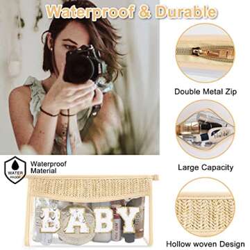 Cute Boho Patch Baby Bag Clear Makeup Letter Bag, Waterproof Zipper Make up Bag Toiletry Pouch for Women Girls, Clear Letter Patch Cosmetic Bag Transparent Organizer Pouch for Travel(Baby, Beige)