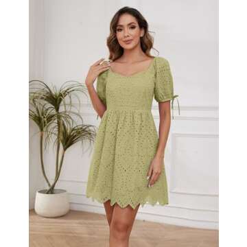 MISSACTIVER Women Eyelet Embroidery Mini Dress Puff Sleeve Pleated Back Short Dress Tie Up Cuffs Asy...
