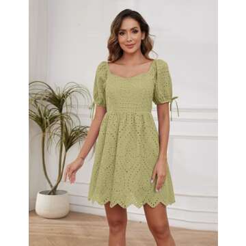 MISSACTIVER Women Eyelet Embroidery Mini Dress Puff Sleeve Pleated Back Short Dress Tie Up Cuffs Asymmetric Hem Summer Dress Yellow