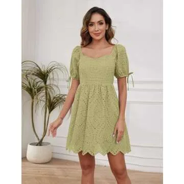 MISSACTIVER Women Eyelet Embroidery Mini Dress Puff Sleeve Pleated Back Short Dress Tie Up Cuffs Asymmetric Hem Summer Dress Yellow