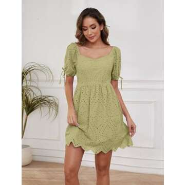 MISSACTIVER Women Eyelet Embroidery Mini Dress Puff Sleeve Pleated Back Short Dress Tie Up Cuffs Asymmetric Hem Summer Dress Yellow