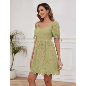 MISSACTIVER Women Eyelet Embroidery Mini Dress Puff Sleeve Pleated Back Short Dress Tie Up Cuffs Asymmetric Hem Summer Dress Yellow