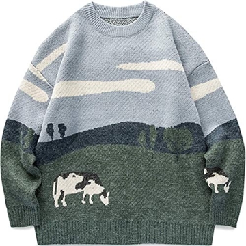 Vamtac Mens Vintage Oversize Cow Sweater Long Sleeve Round Neck Knitted Grassland Pullover Jumper Un...