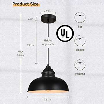 KARMIQI Industrial Pendant Lighting for Kitchen Island, Vintage Pendant Light for Kitchen, Black Met...