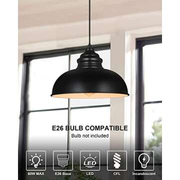 KARMIQI Industrial Pendant Lighting for Kitchen Island, Vintage Pendant Light for Kitchen, Black Metal Farmhouse Hanging Light for Dining Room, Bar, Restaurant