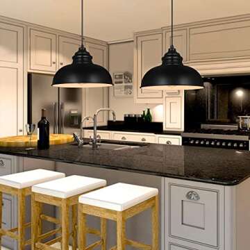 KARMIQI Industrial Pendant Lighting for Kitchen Island, Vintage Pendant Light for Kitchen, Black Metal Farmhouse Hanging Light for Dining Room, Bar, Restaurant