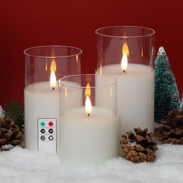Eywamage Clear Glass Flameless Pillar Candles with Remote, Flickering Battery LED Wax Candles Φ 3" ...