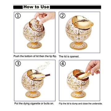 LAUYOO Windproof Ashtray with Lid for Cigarettes Metal Portable Cigar Ashtray Odor Eliminator for Indoor outdoor Hand Stamped Rose Pattern with Sparkle Fancy Gift for Men Women(Jade white-Gold Rose)