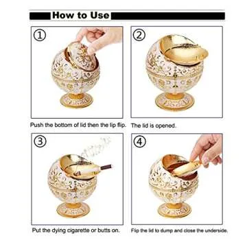 LAUYOO Windproof Ashtray with Lid for Cigarettes Metal Portable Cigar Ashtray Odor Eliminator for Indoor outdoor Hand Stamped Rose Pattern with Sparkle Fancy Gift for Men Women(Jade white-Gold Rose)