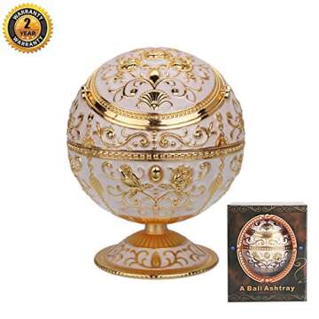 LAUYOO Windproof Ashtray with Lid for Cigarettes Metal Portable Cigar Ashtray Odor Eliminator for Indoor outdoor Hand Stamped Rose Pattern with Sparkle Fancy Gift for Men Women(Jade white-Gold Rose)