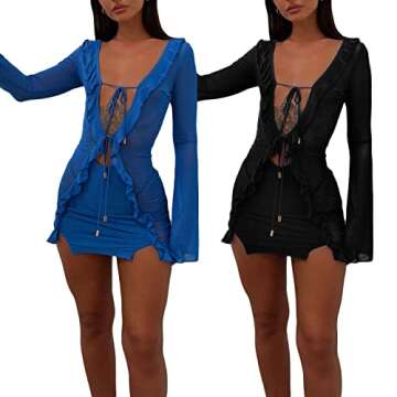 Women's Y2K Ruffle 2 Piece Skirt Set - Blue Summer Outfit