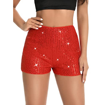 SweatyRocks Women's Solid Elastic High Waist Glitter Shorts - Trendy Sequined Burgundy