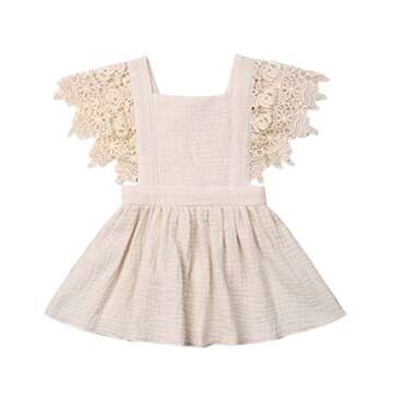 Toddler Baby Girl Infant Comfy Cotton Linen Lace Princess Overall Dress Sundress (Beige, 2-3T)